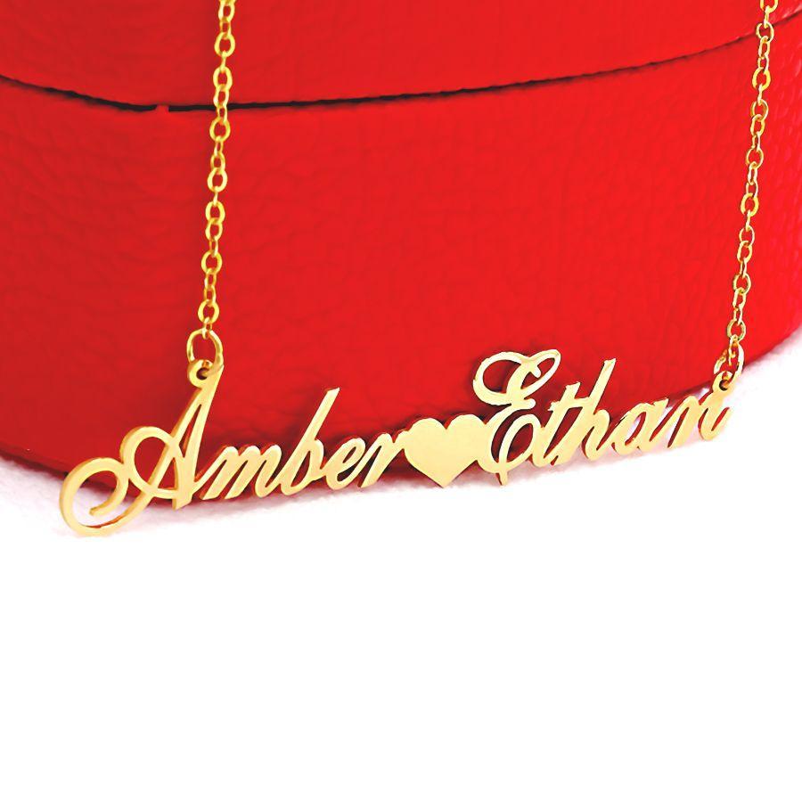 14K Couple's Name Necklace with Heart